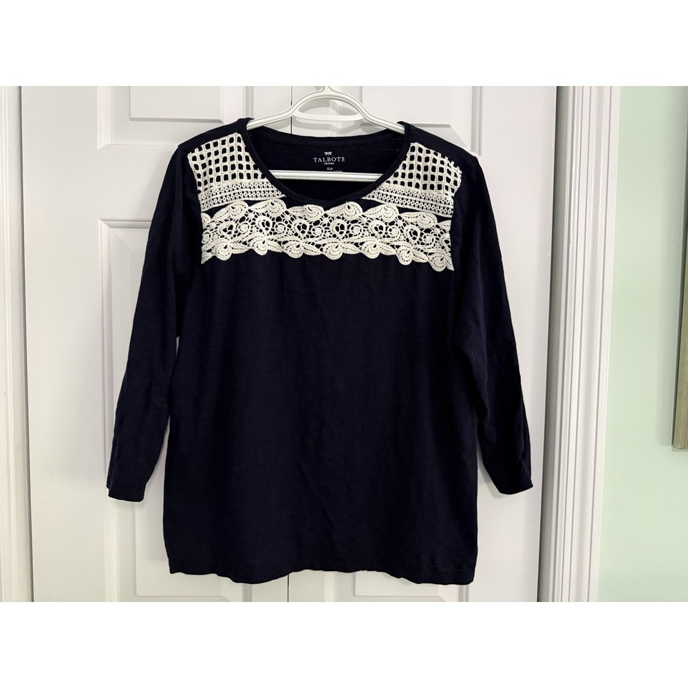 TALBOTS Women's Navy with White Lace Crochet 3/4 Sleeve Tees Size XLP Petite